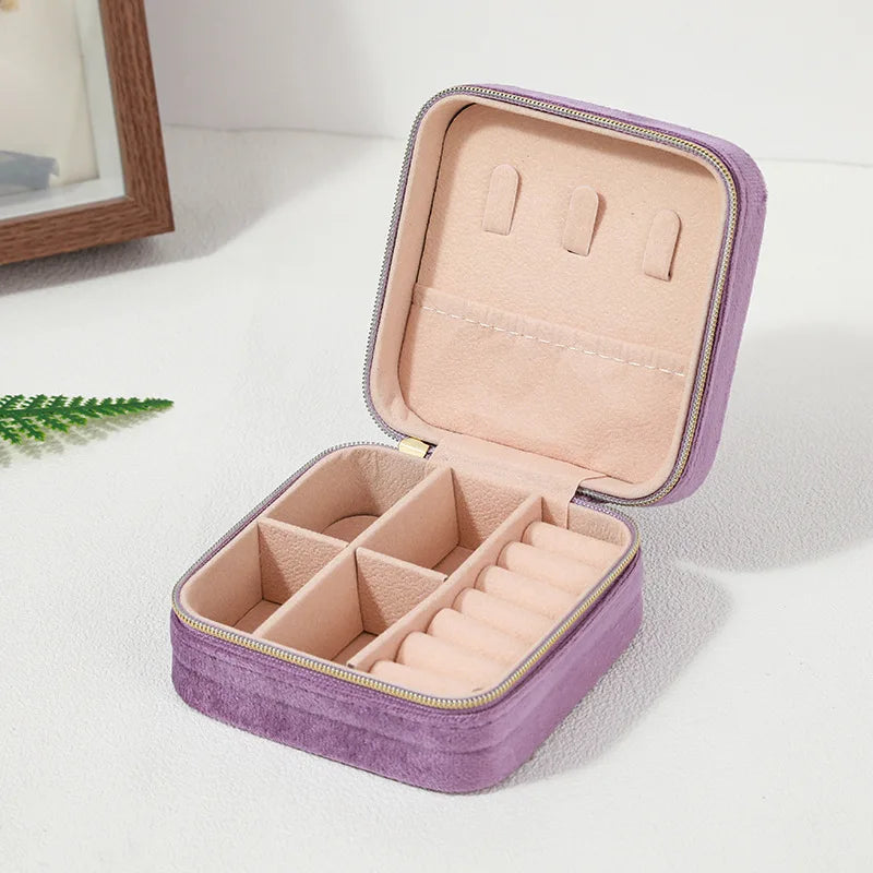 Velvet Jewelry Box For Women Necklace Ring Earrings Organizer Holder Travel Portable Zipper Square Jewelry Storage Case