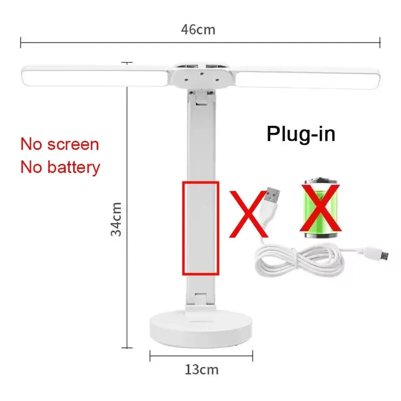 LED Clock Table Lamp USB Chargeable Dimmable Desk Lamps 2 Heads 180 Rotate Foldable Eye Protection Desktop Reading Night Lights