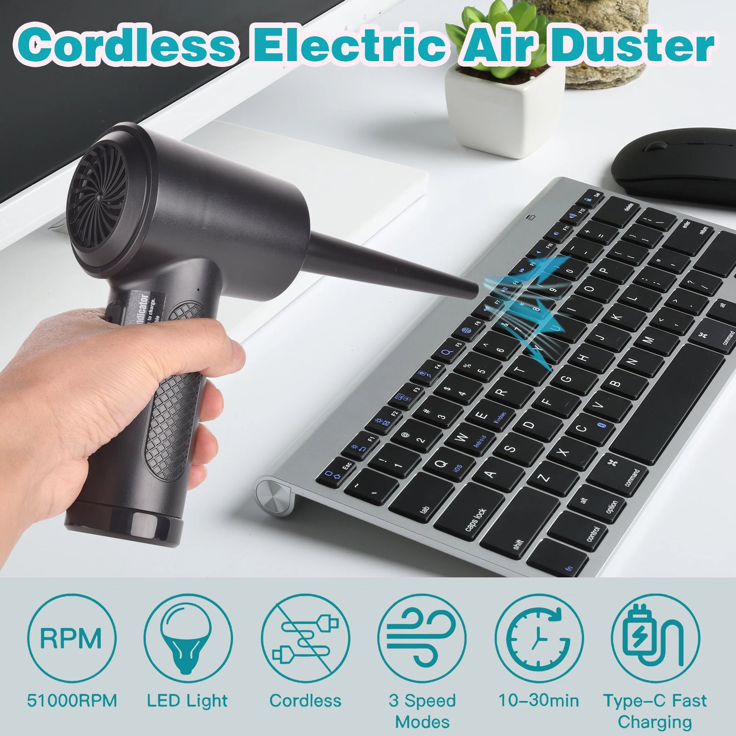 Protable Air Duster for Computer Cleaning 51000RPM Cordless Compressed Air Blower with LED Light for PC computers Keyboard Clean