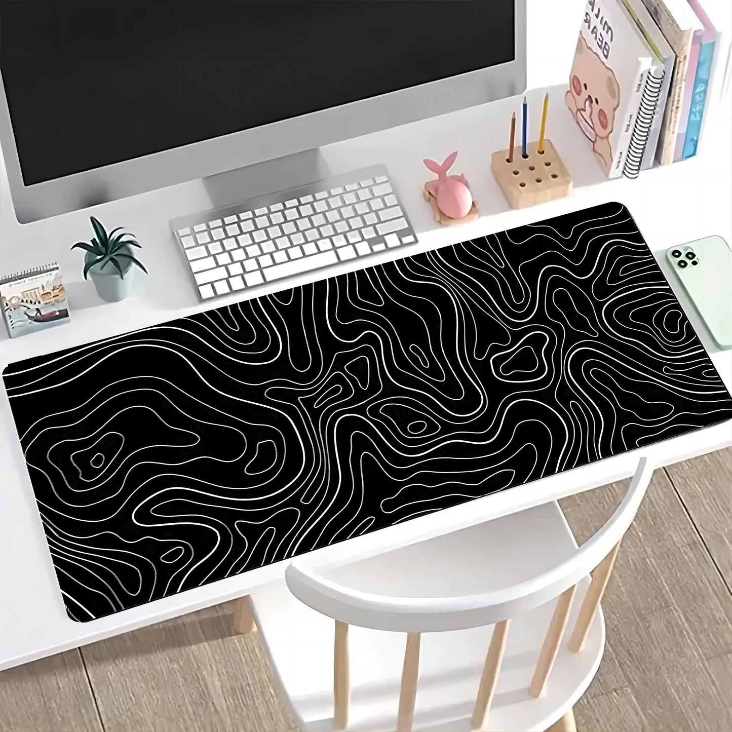 1Pcs Gaming Mouse Pad Large Keyboard Pad 31.5 x 11.8in Topographic Mouse Pad Black and White MousePad Gamer  800x300mm table mat