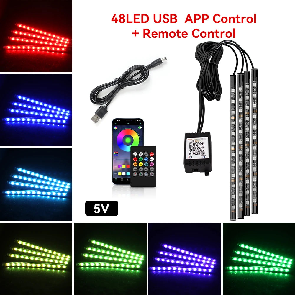 Car Led Foot Ambient With USB Cigarette Lighter Backlight Music Control App RGB Auto Interior Decorative Atmosphere Lights