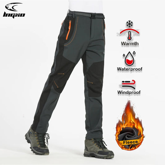 LNGXO Thick Warm Fleece Hiking Pants Men Winter Waterproof Windproof Outdoor Soft Shell Rain Trousers Trekking Camping Ski Pants