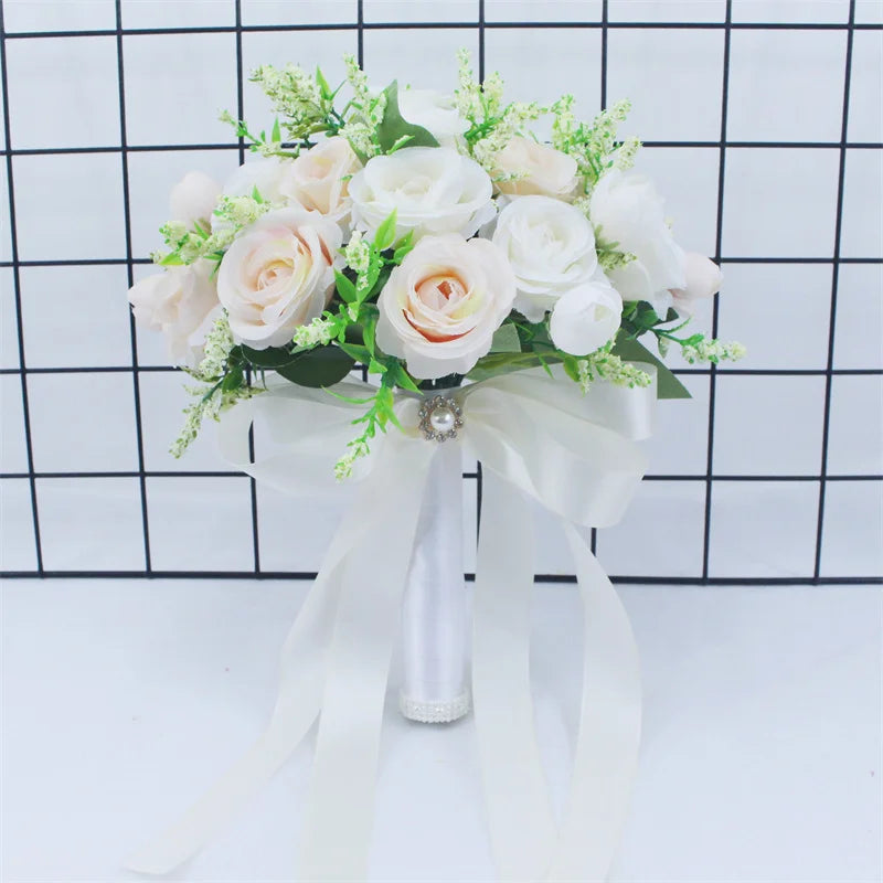 Bridal Bridesmaid Wedding Bouquet White Silk Flowers Roses Handmade  Artificial Bride Mariage Bouquet Wedding Accessories