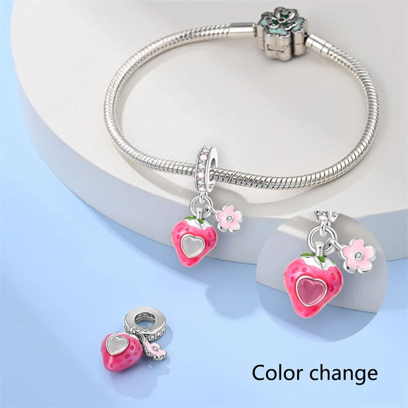 925 Silver Color Strawberry Cherry Apple Avocado Fruit Charms Beads Fit Pandora 925 Original Bracelets Fine DIY Birthday Jewelry