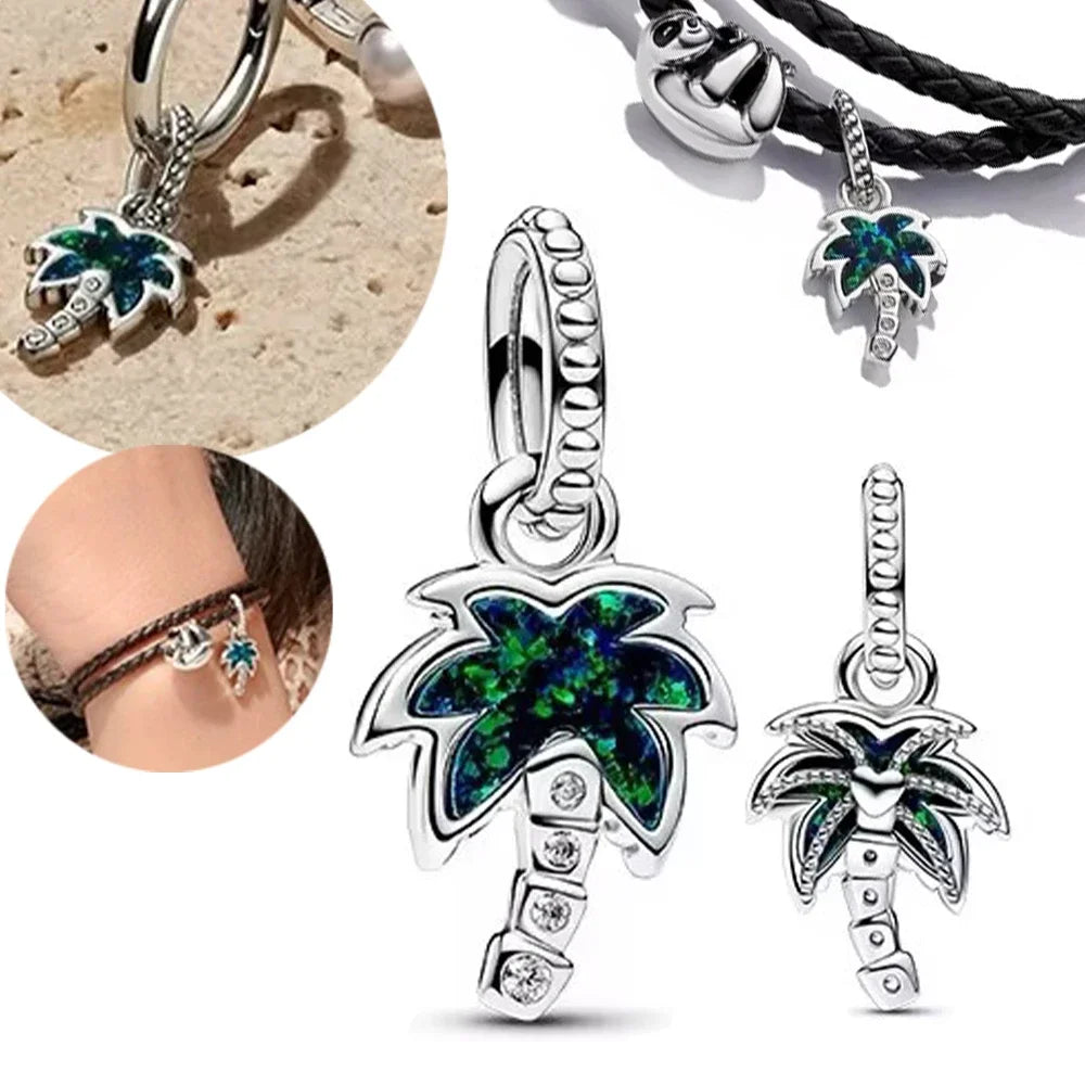 Sterling Silver 925 Opalescent Green Palm Tree Dangle Charm Fit Original Pandora Diy Pendant Women's Opal Fancy Cut Jewelry Gift