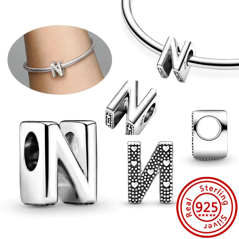 Hot Sale 100% 925 Sterling Silver 26 Letter A~Z Alphabet DIY Name Beads Fit Original Pandora Charm Bracelet Bangles Fine Jewelry