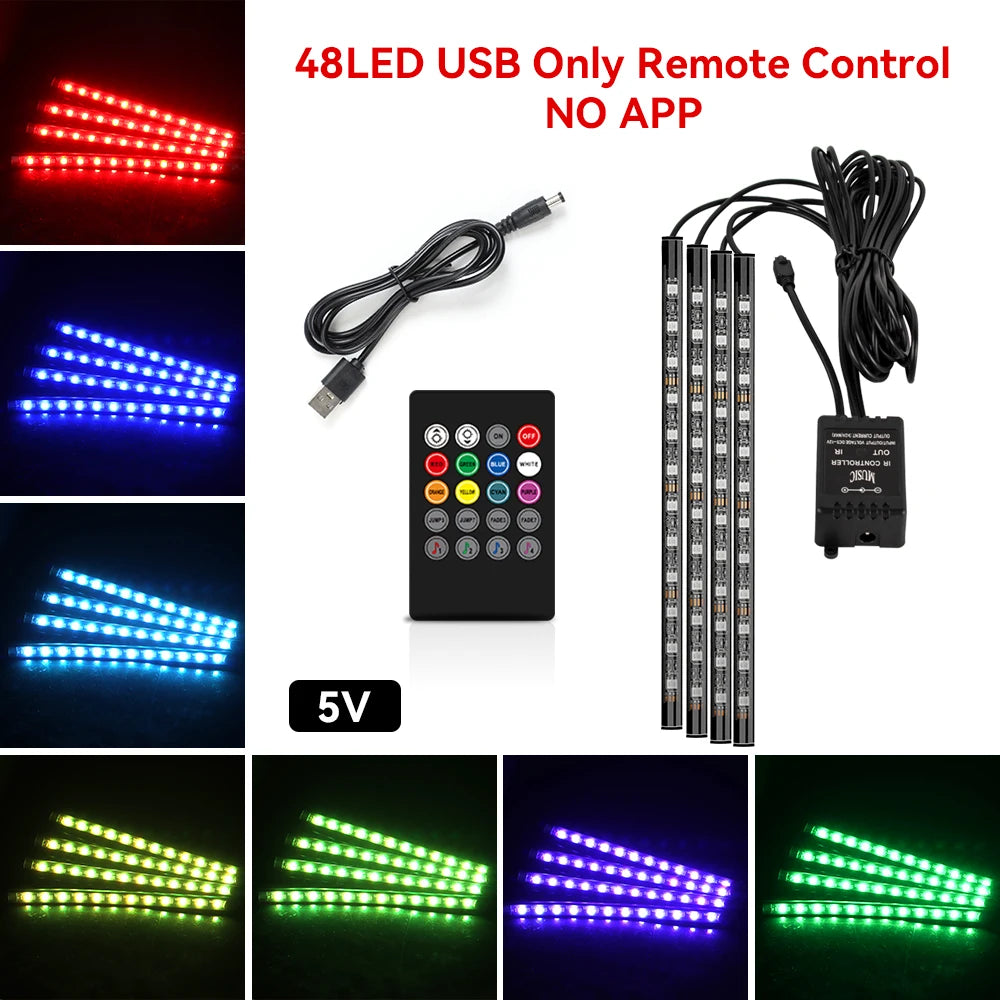 Car Led Foot Ambient With USB Cigarette Lighter Backlight Music Control App RGB Auto Interior Decorative Atmosphere Lights