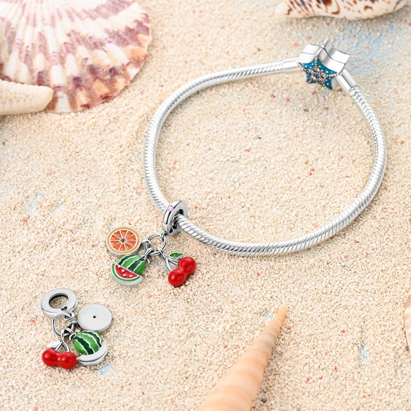 925 Silver Color Strawberry Cherry Apple Avocado Fruit Charms Beads Fit Pandora 925 Original Bracelets Fine DIY Birthday Jewelry