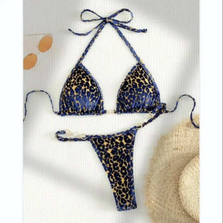 2024 Brazilian Summer Women Leopard Pearl Bathing Suit Beachwear Thong Two Pieces Set Special Fabric Halter Neck Swimwear Bikini