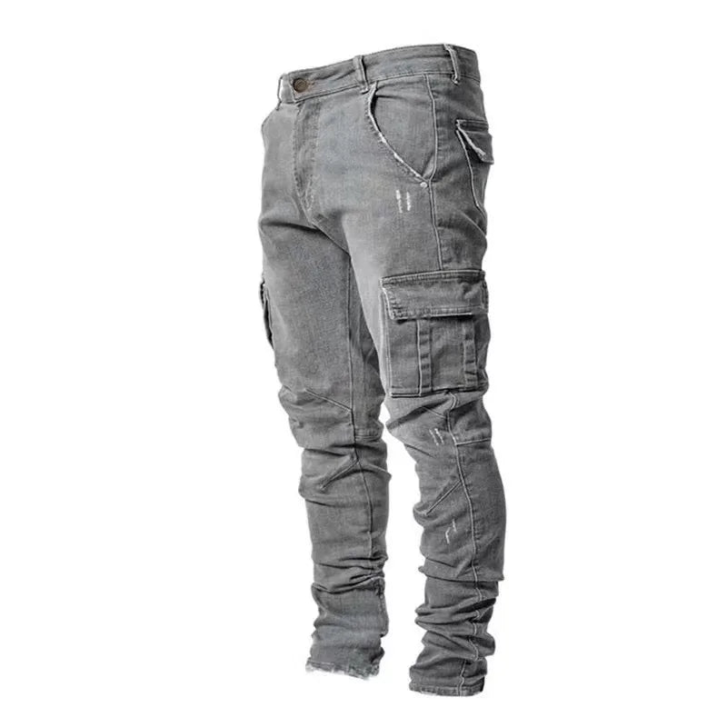 Stylish Tide Brand Men Cargo Narrow Leg Denim Pants Elastic Slim Fit Jeans Solid Color Multi Pockets Casual Skinny Male Trousers