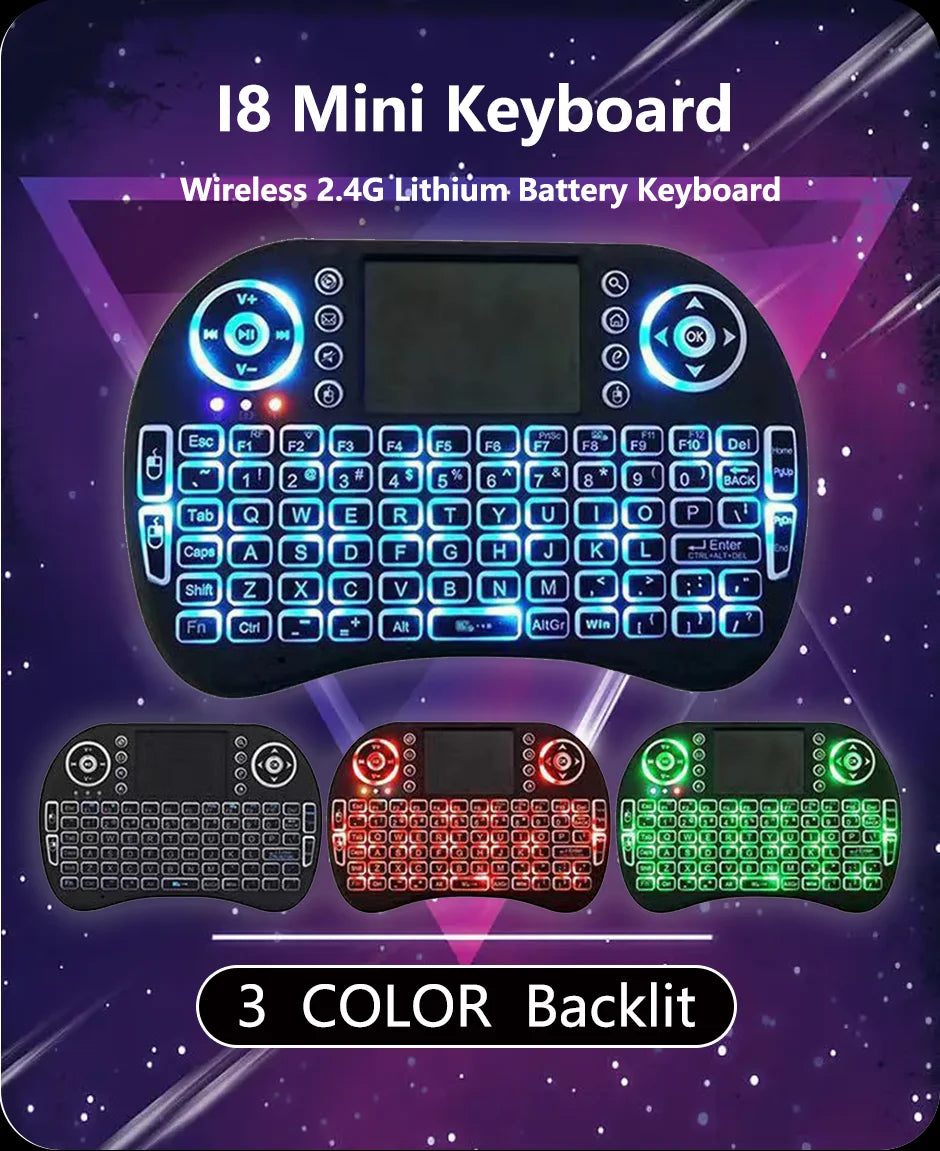 I8 Mini Keyboard Wireless 2.4G 3 COLOR Backlit English Air Mouse Remote Touchpad For Android TV Box PC