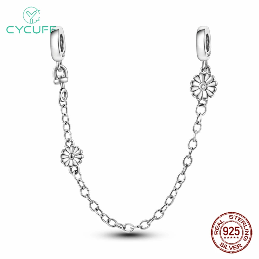 CYCUFF Real 925 Sterling Silver Stars & Moon Sunflower Safety Chains Spacer Beads Charms Fit 925 Original Bracelets DIY Jewelry