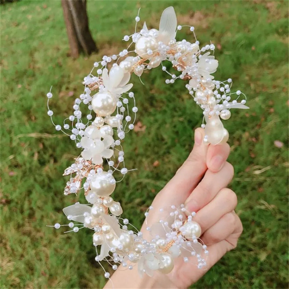 Wedding Accessory Bride Crown Hair Crystal Jewelry Tiara With Pearls Flowers Wedding Crown Floral Pearl Bridal Headband