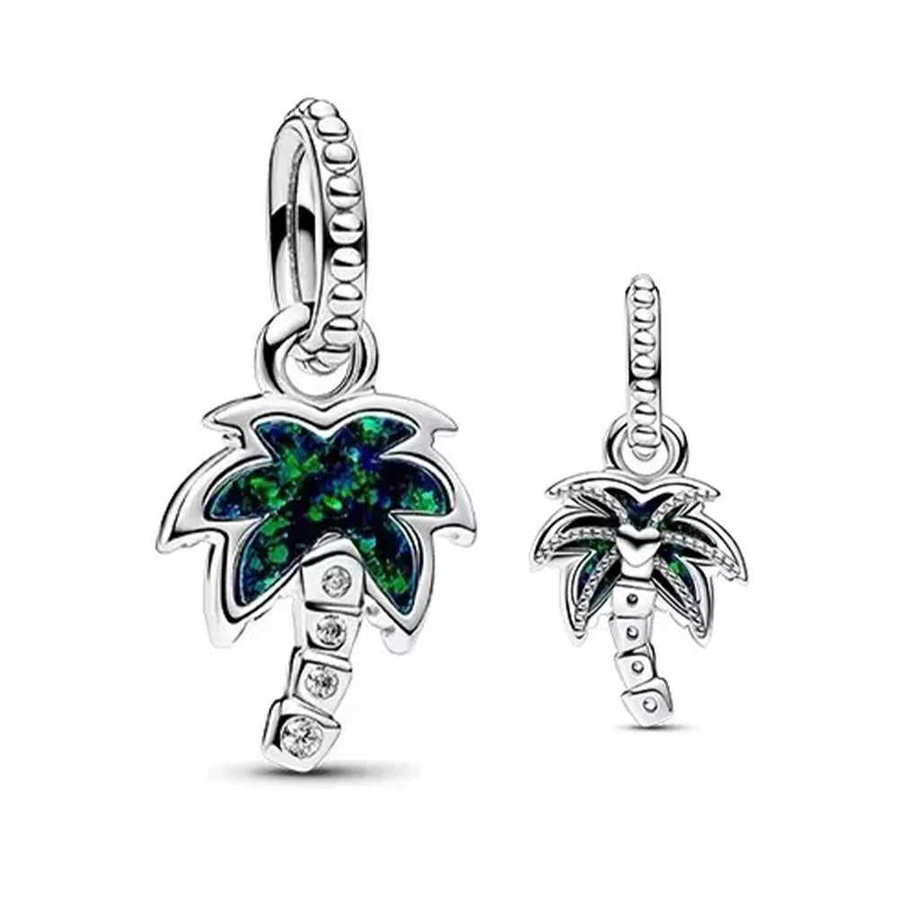 Sterling Silver 925 Opalescent Green Palm Tree Dangle Charm Fit Original Pandora Diy Pendant Women's Opal Fancy Cut Jewelry Gift