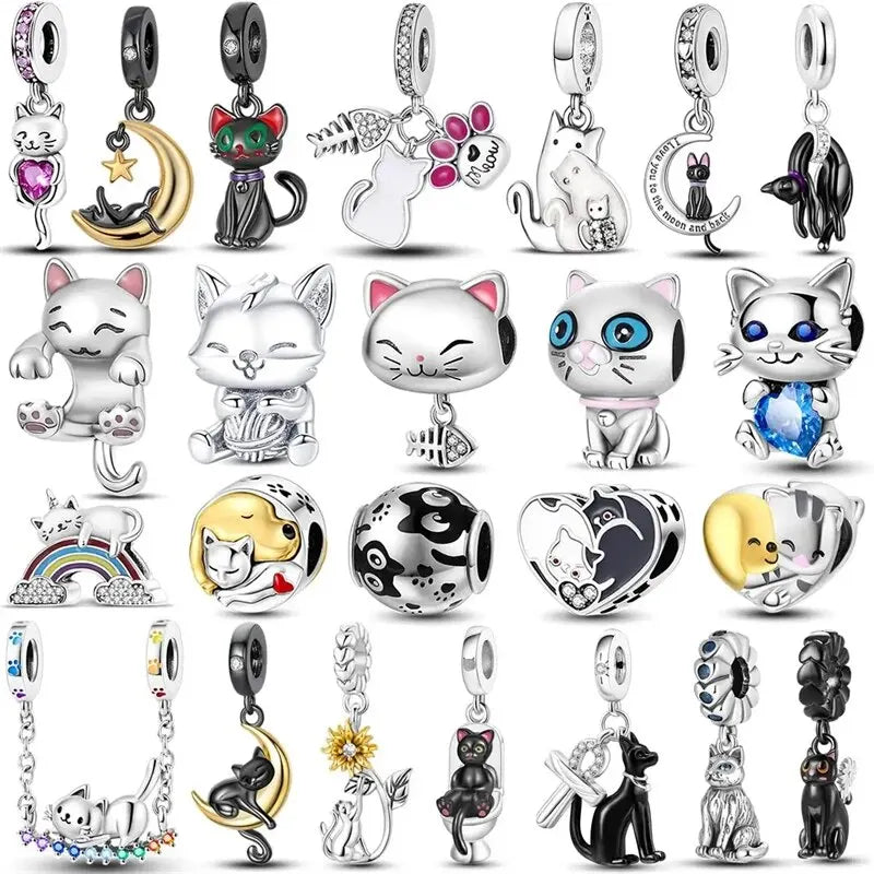 New 925 Sterling Silver Black Cat Charms Beads Fit Pandora 925 Original Bracelets DIY Jewelry Women Birthday Gift Making