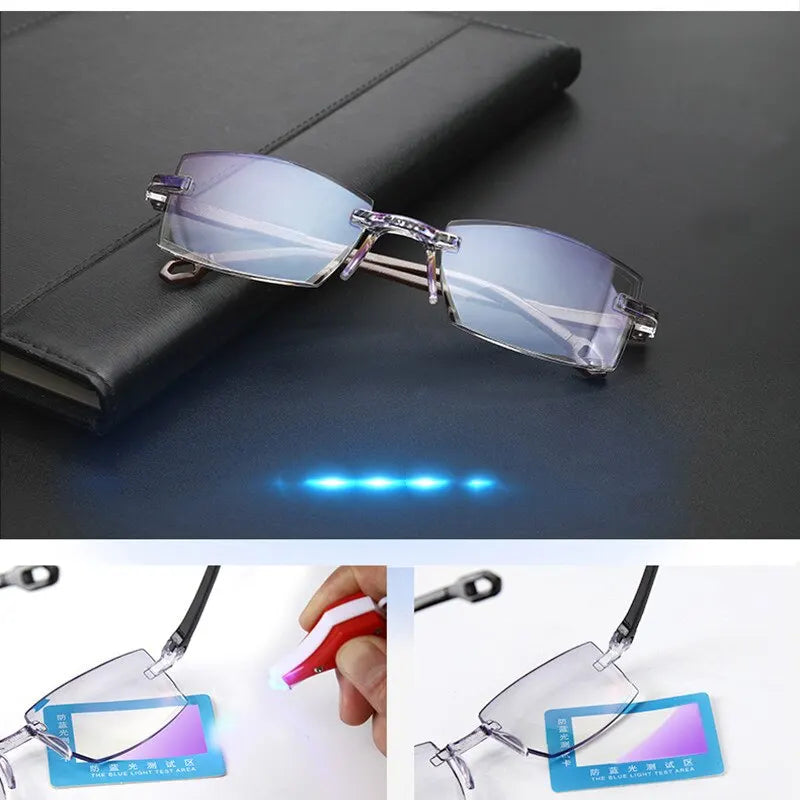 2 Pair New Men Women Rimless Reading Glasses Anti Blue Light Bifocal Far Near Magnification Eyewear Presbyopic Glasses +150 +200