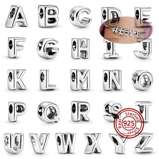 Hot Sale 100% 925 Sterling Silver 26 Letter A~Z Alphabet DIY Name Beads Fit Original Pandora Charm Bracelet Bangles Fine Jewelry