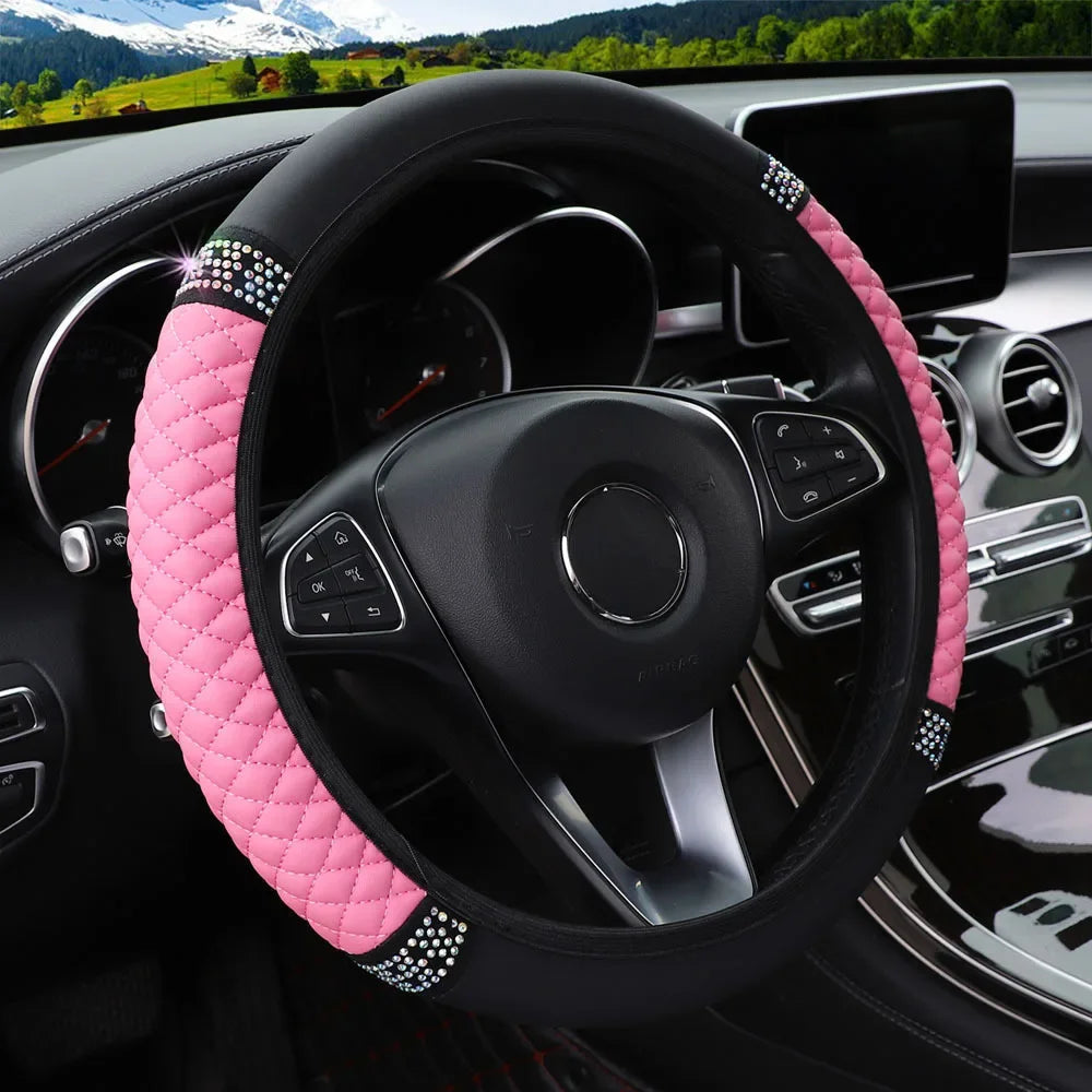 Universal Car Steering Wheel Cover 37-38cm Leather Embroidered Color Diamond-Studded Elastic Four Seasons Steering Wheel Cover