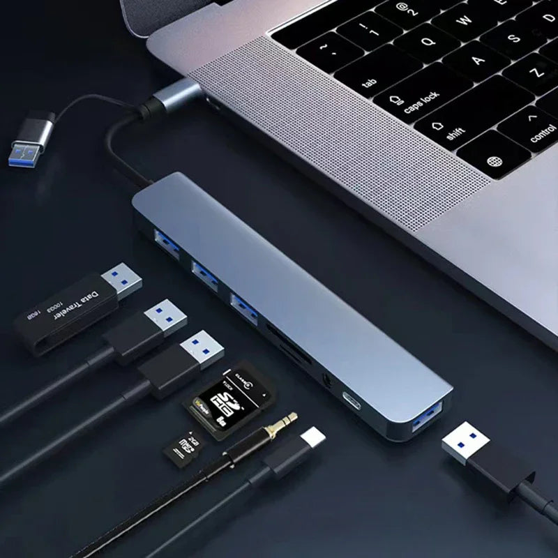 8 in 2 USB  Type C HUB Docking Station with 3.5mm Audio Jack Adapter Micro SD Card Reader Laptop Tablet Phone Disk Converter