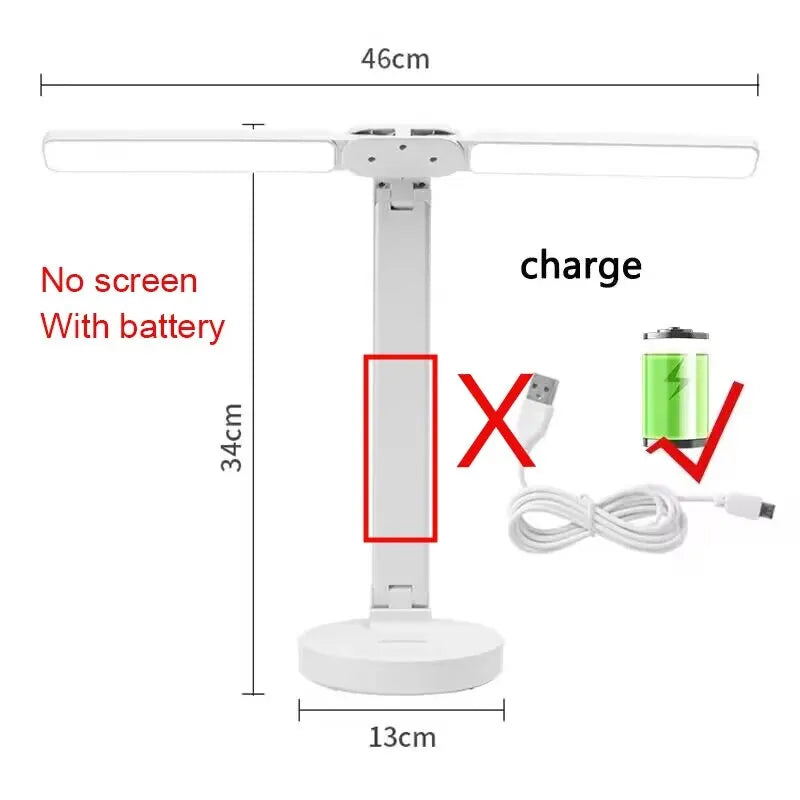 LED Clock Table Lamp USB Chargeable Dimmable Desk Lamps 2 Heads 180 Rotate Foldable Eye Protection Desktop Reading Night Lights