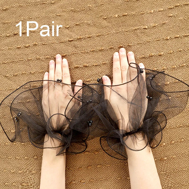 1Pair Detachable Cuffs Pearl Lace Mesh Fake Flared Sleeves Women Pleated False Cuffs Wristband Wrist Warmers