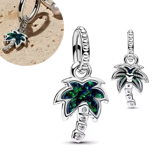 Sterling Silver 925 Opalescent Green Palm Tree Dangle Charm Fit Original Pandora Diy Pendant Women's Opal Fancy Cut Jewelry Gift