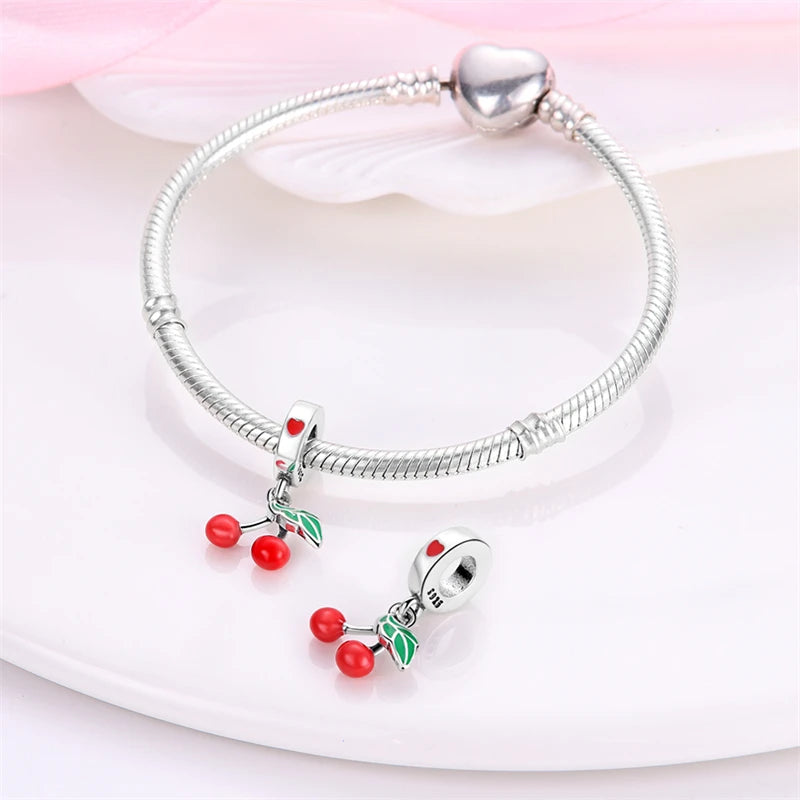 925 Silver Color Strawberry Cherry Apple Avocado Fruit Charms Beads Fit Pandora 925 Original Bracelets Fine DIY Birthday Jewelry