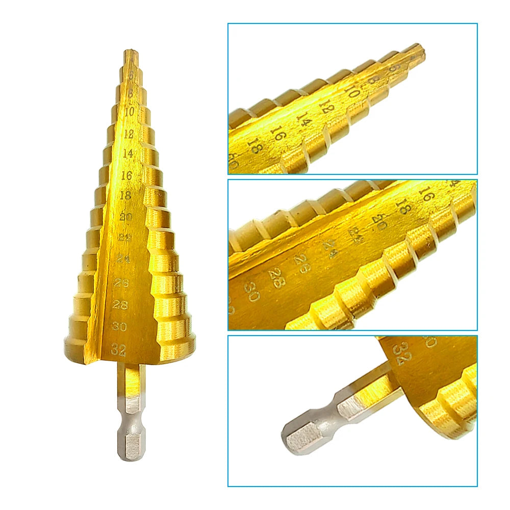 Step Drill Titanium Plated Hexagonal Shank Straight Groove 3-12/4-12/4-20/4-32mm Pagoda Drill Drilling Tool Accessory Set