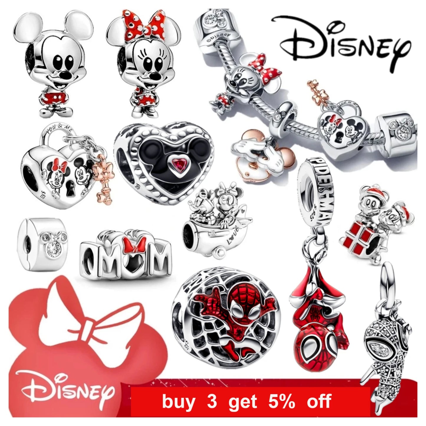 Disney 925 Silver Dumbo Clip Charm Mickey Minnie Love Heart Beads Fit Original Pandora Bracelets DIY Pendant Women Jewelry Girl