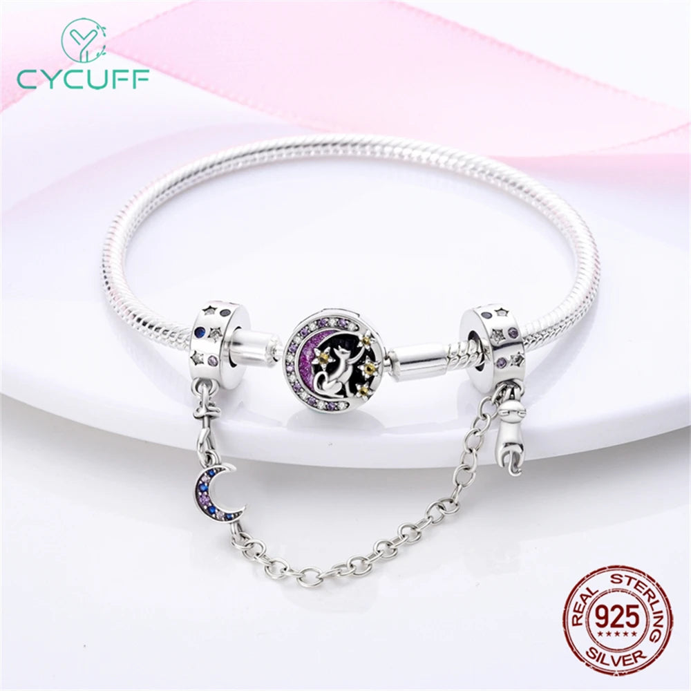 CYCUFF Real 925 Sterling Silver Stars & Moon Sunflower Safety Chains Spacer Beads Charms Fit 925 Original Bracelets DIY Jewelry