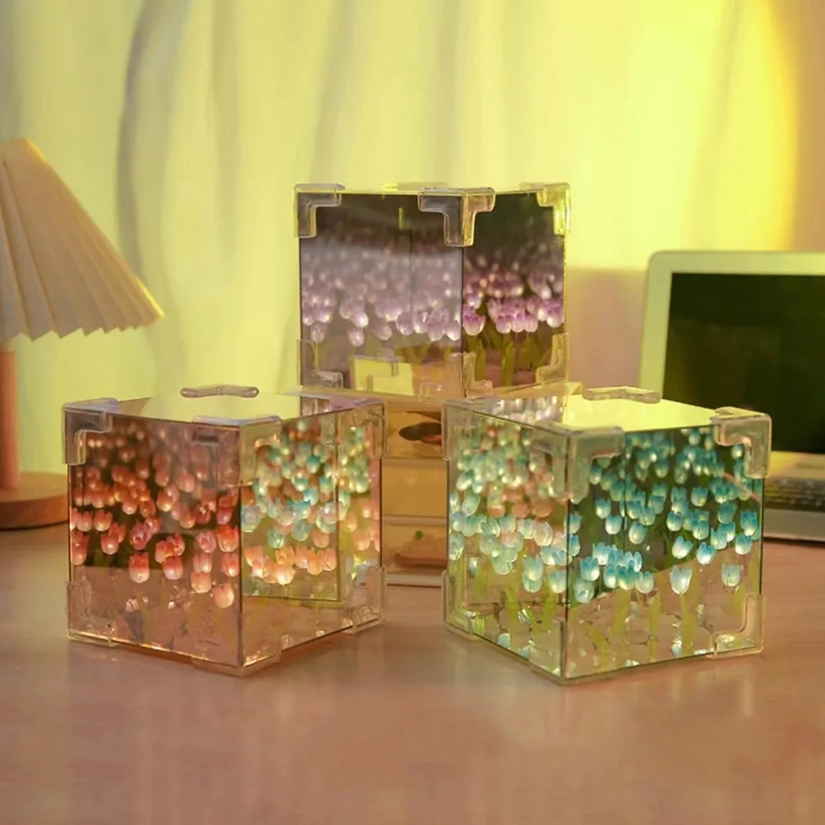 21pcs Creative Diy Tulip Flower Sea Cube Three-Dimensional Small Night Lamp Material Package for Girlfriend Couple Girlfriends