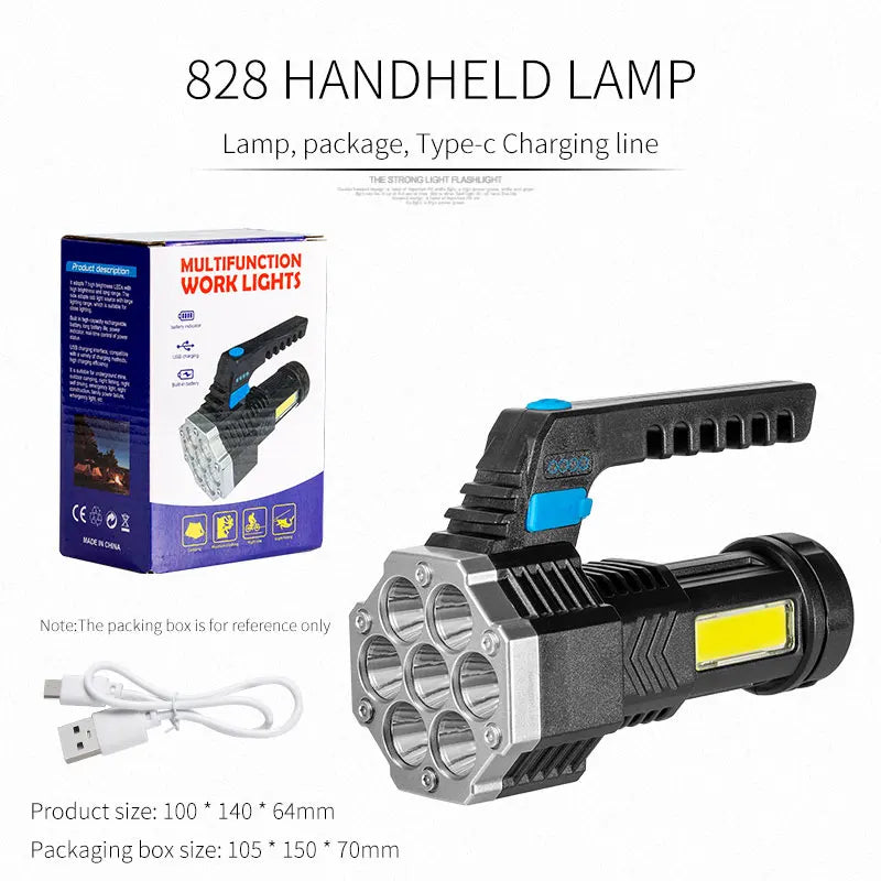 High Power Rechargeable Led Flashlights 7LED Camping Torch With Cob Side Light Lightweight Outdoor Lighting ABS Material