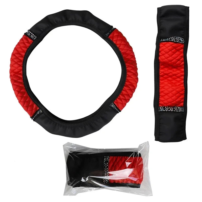 Universal Car Steering Wheel Cover 37-38cm Leather Embroidered Color Diamond-Studded Elastic Four Seasons Steering Wheel Cover