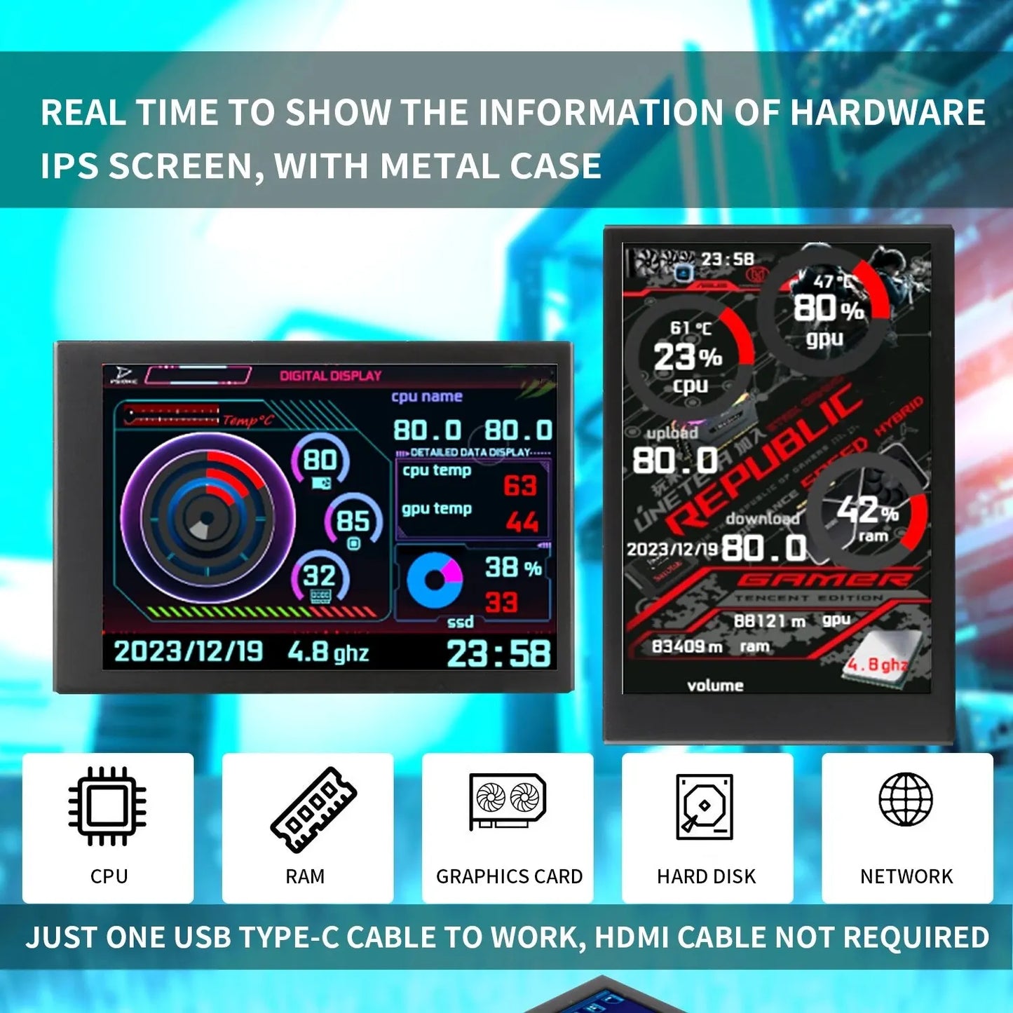 New 3.5 Inch IPS TYPE-C Secondary Screen Computer CPU GPU RAM HDD MonitorUSB Display For Freely AIDA64