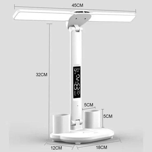 LED Clock Table Lamp USB Chargeable Dimmable Desk Lamps 2 Heads 180 Rotate Foldable Eye Protection Desktop Reading Night Lights