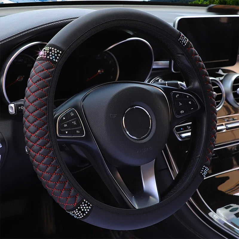 Universal Car Steering Wheel Cover 37-38cm Leather Embroidered Color Diamond-Studded Elastic Four Seasons Steering Wheel Cover