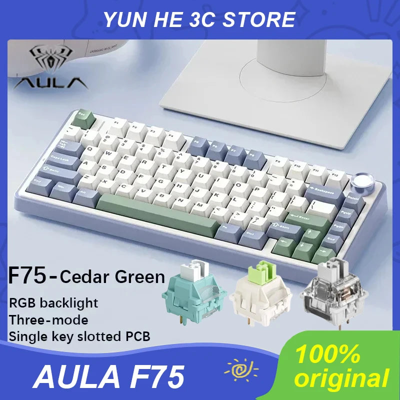 AULA F75 Mechanical Keyboard 2.4G Wireless/Bluetooth/Wired RGB PBT 75% Layout OEM Profile Gasket Customized Pc Gaming Keyboard