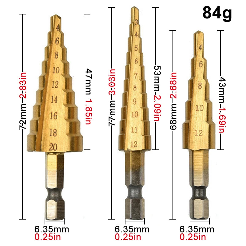 Step Drill Titanium Plated Hexagonal Shank Straight Groove 3-12/4-12/4-20/4-32mm Pagoda Drill Drilling Tool Accessory Set