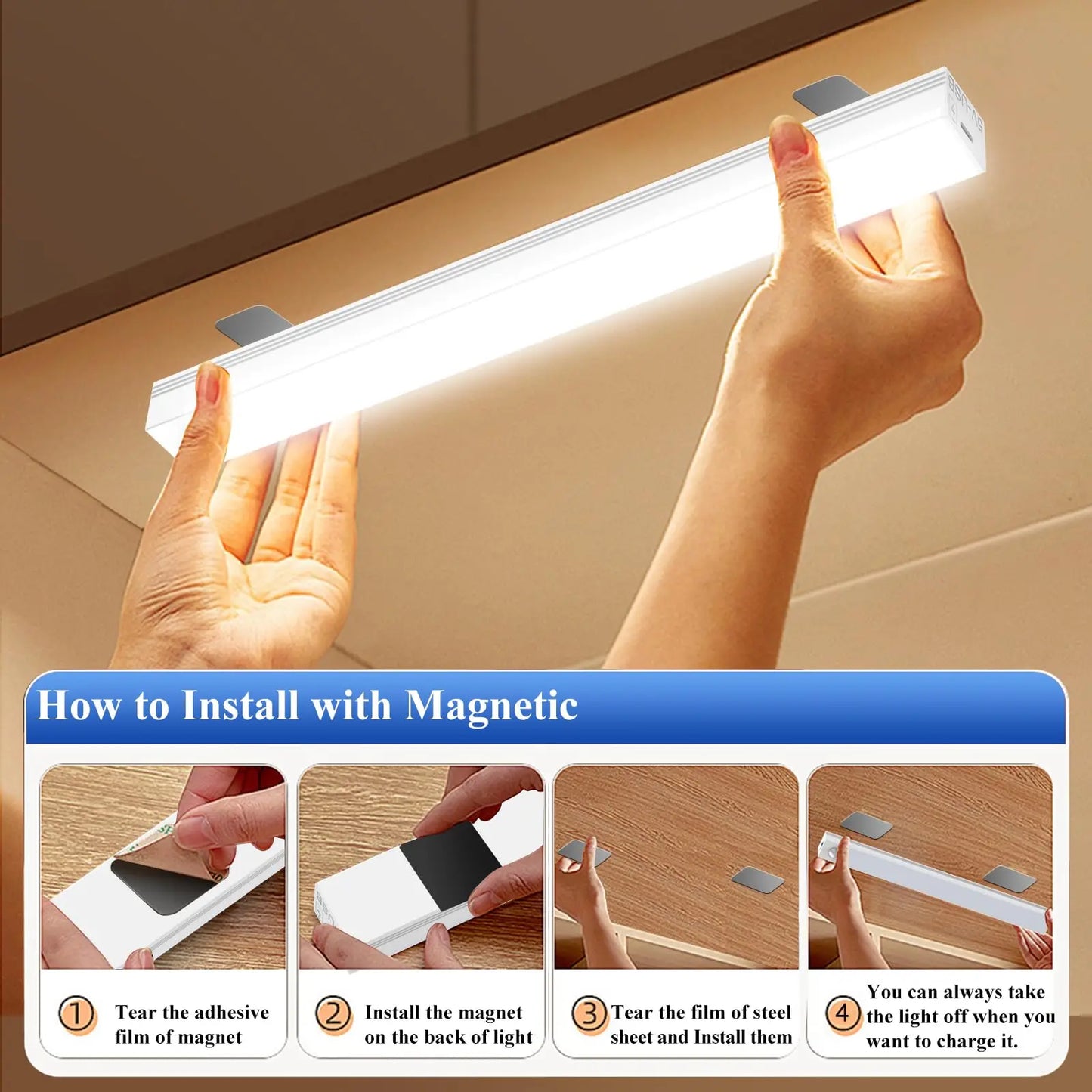 IRALAN Motion Sensor LED Cabinet Light USB Rechargeable Induction Night Light Wireless  Detector Lamp for Wardrobe Hallway