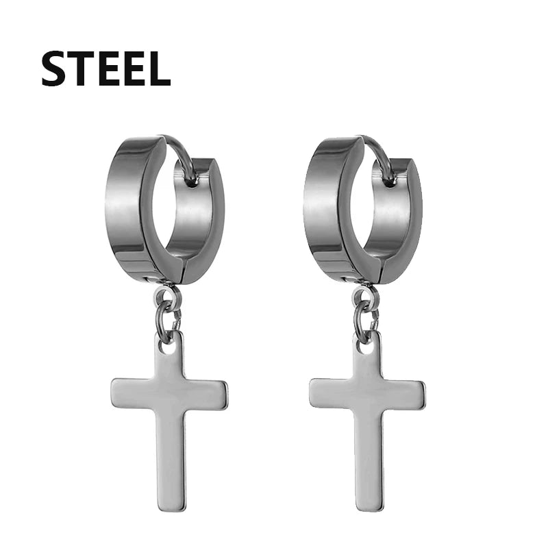 2pc Stainless Steel Men Cross Stars Punk Dangle Earrings Gothic Woman Cross Ear Hoop Earrings Huggies Pendant Piercing Jewelry