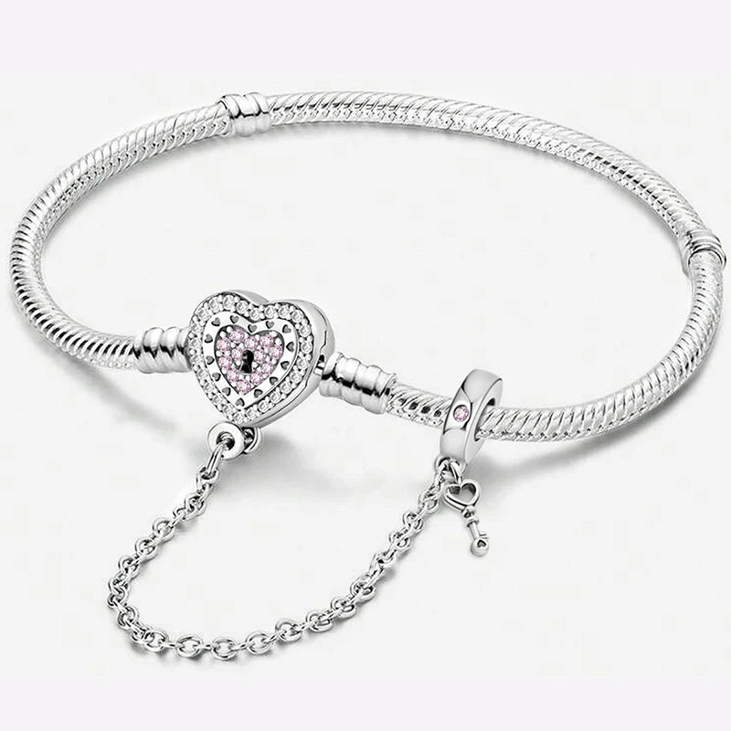 925 Sterling Silver Zircon Love Heart Simple Bracelet DIY Bead Making Fit Original Pandora Bracelets Fine Jewelry Gift