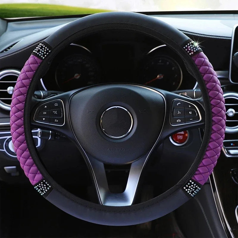 Universal Car Steering Wheel Cover 37-38cm Leather Embroidered Color Diamond-Studded Elastic Four Seasons Steering Wheel Cover