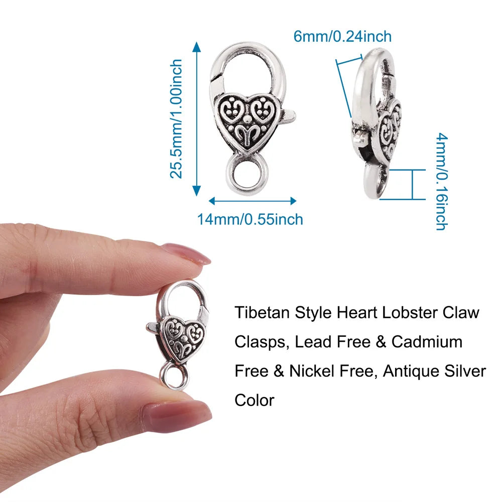 50pcs Tibetan Style Heart Lobster Claw Clasps Antique Bronze For DIY Jewelry Accessories Handicrafts 25.5x14x6mm