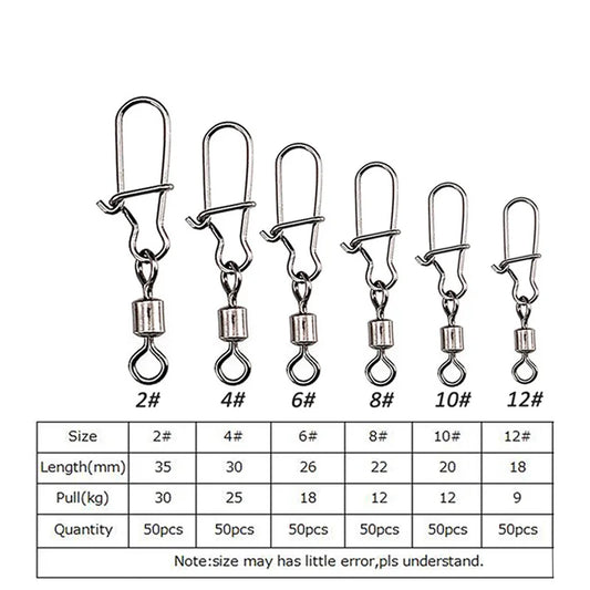 50pcs Fishing Connector Stainless Steel Snap Bearing Rolling Fishing Hooks Sea Fishing Lure Multifunction Pin Jig Tackle