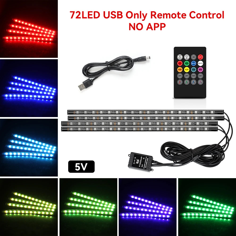 Car Led Foot Ambient With USB Cigarette Lighter Backlight Music Control App RGB Auto Interior Decorative Atmosphere Lights