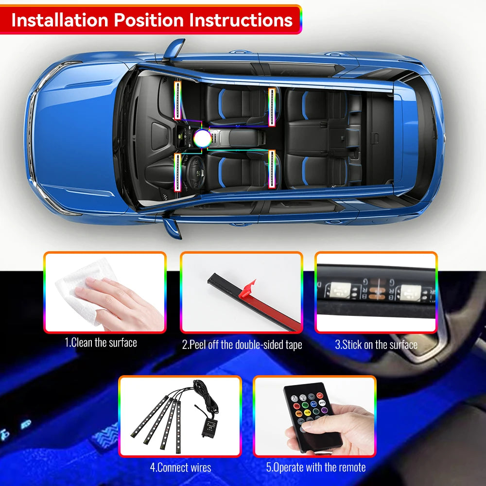 Car Led Foot Ambient With USB Cigarette Lighter Backlight Music Control App RGB Auto Interior Decorative Atmosphere Lights