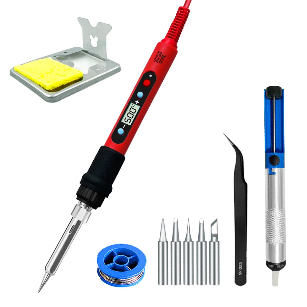 Digital Soldering Iron Set Kit 80W with ON/OFF Switch Adjustable Temperature LCD Welding Tools Ceramic Heater Soldering Tips