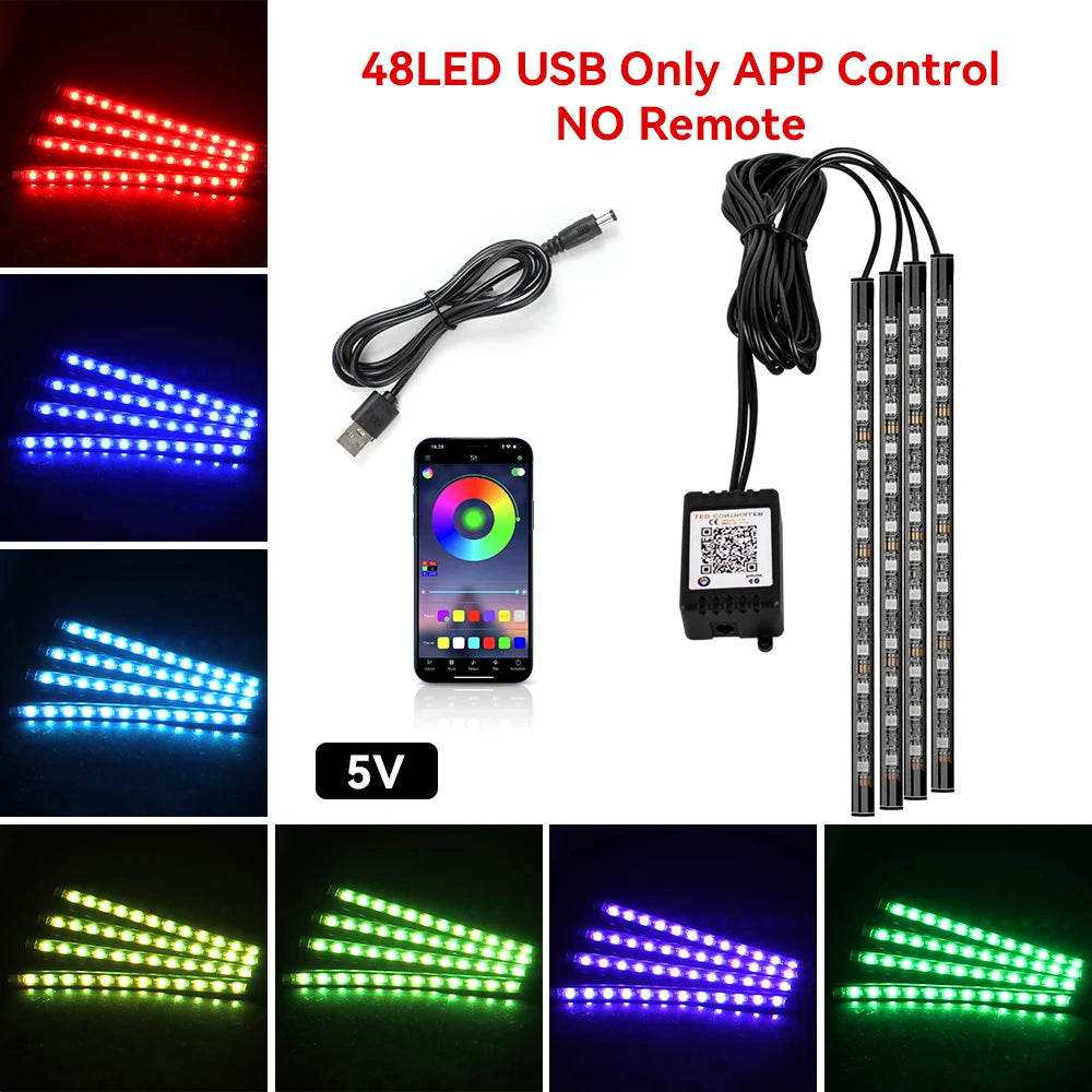 Car Led Foot Ambient With USB Cigarette Lighter Backlight Music Control App RGB Auto Interior Decorative Atmosphere Lights