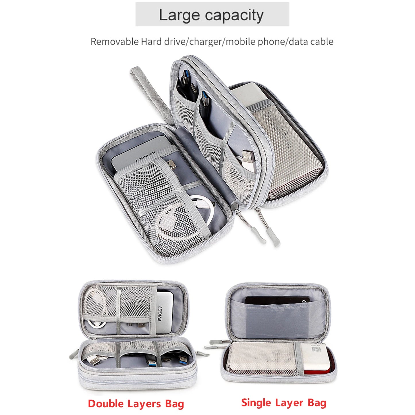 Data Cable Storage Bag Waterproof Travel Organizer Bag Portable Carry Case Double Layers Storage Bag for Cable Cord USB Charger