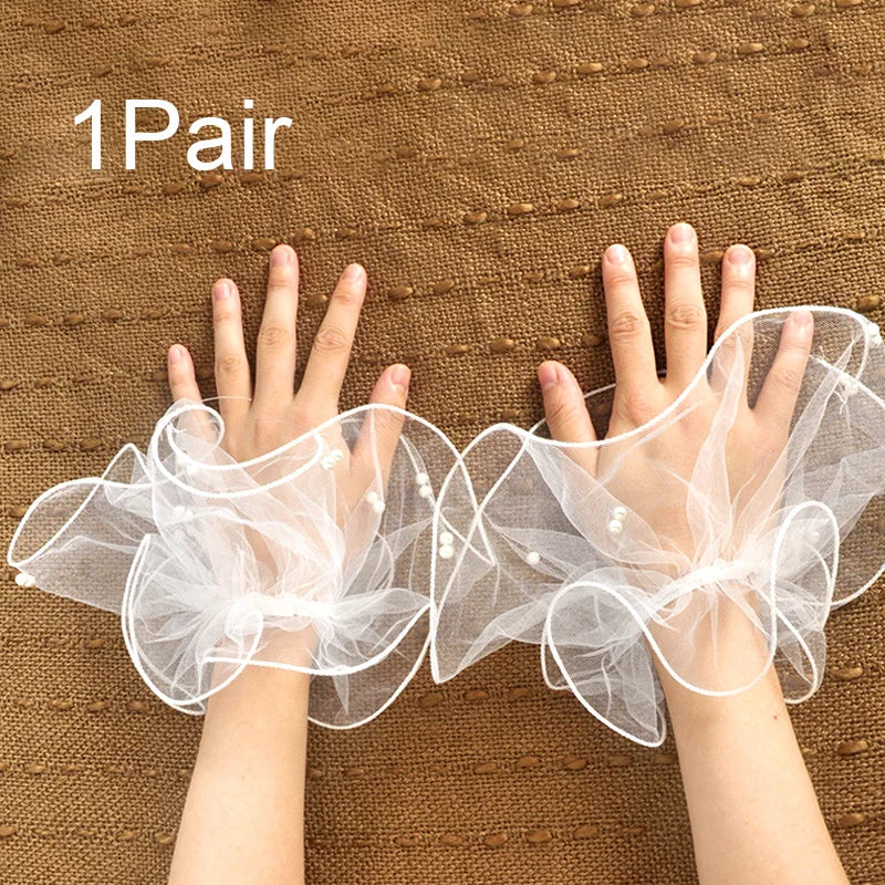 1Pair Detachable Cuffs Pearl Lace Mesh Fake Flared Sleeves Women Pleated False Cuffs Wristband Wrist Warmers